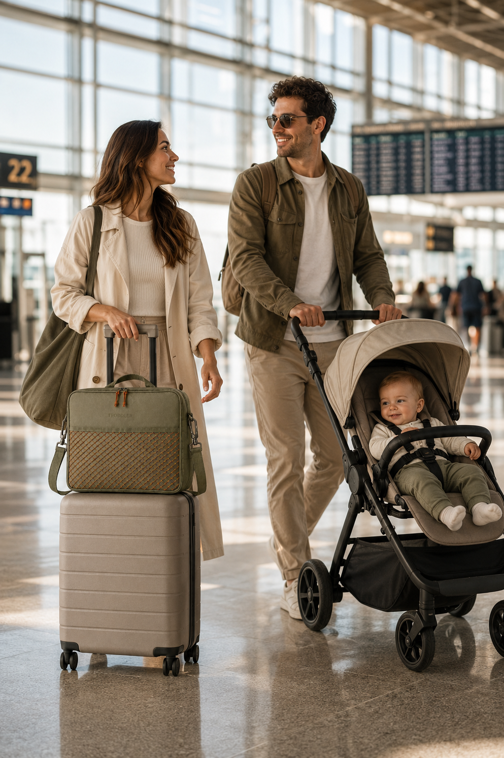 Family at the airport with stroller, suitcase and the TRODDLER bag