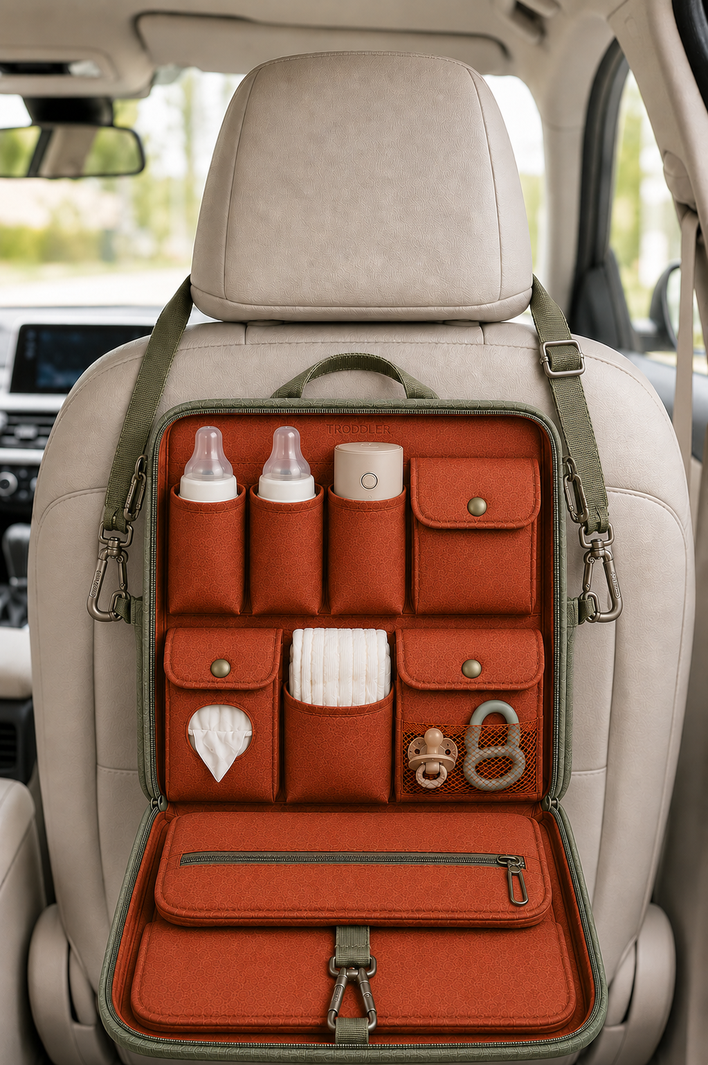 TRODDLER bag clipped open onto a car headrest — everything in reach