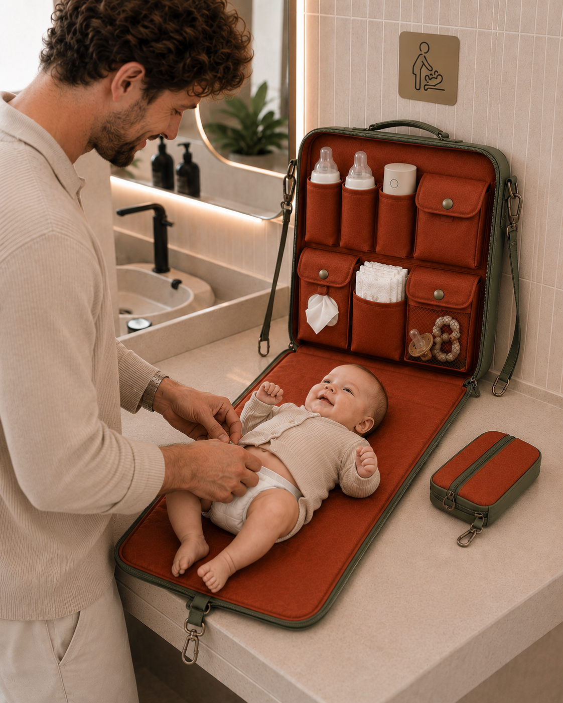 Father changing his baby on the TRODDLER fold-out changing station