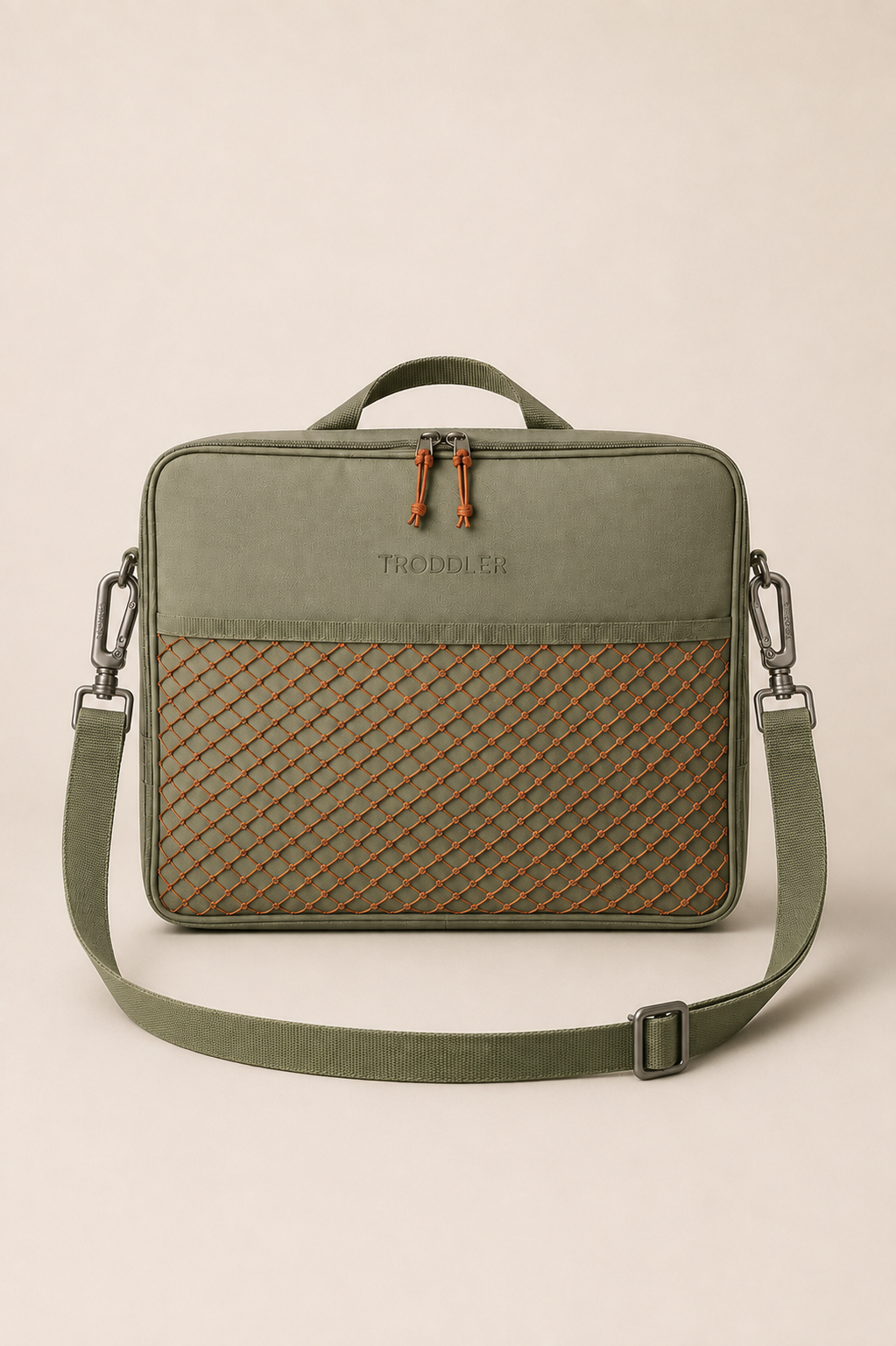 TRODDLER Travel Station in Dried Sage — front view with shoulder strap