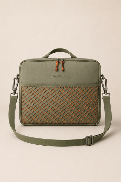 TRODDLER Travel Station in Dried Sage — front view with shoulder strap