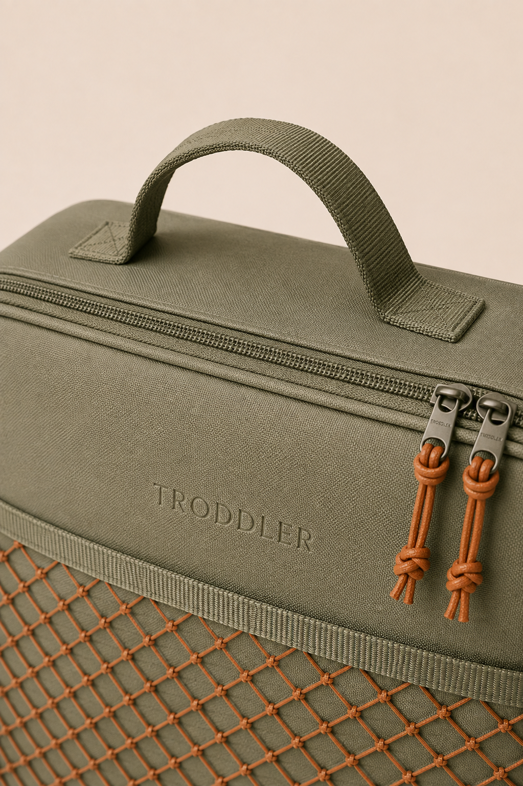 Top handle and zips — three-quarter detail