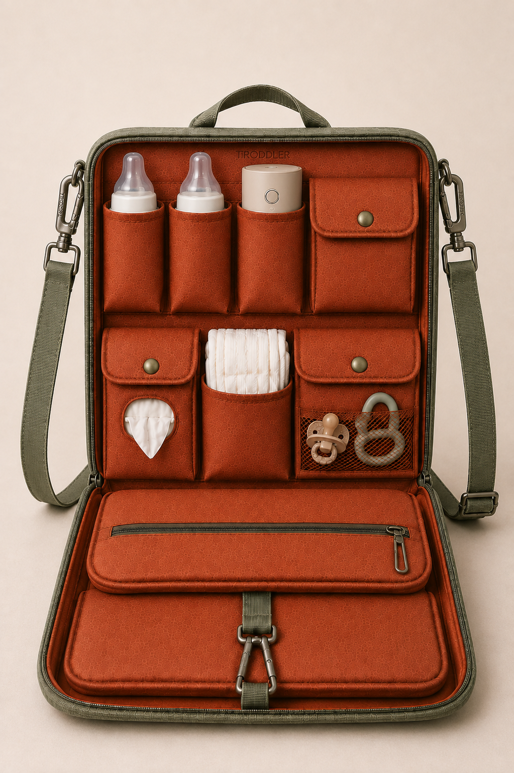 TRODDLER open interior — bottles, wipes, diapers and changing mat organized in clay-orange lining