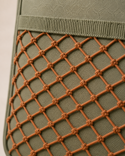 Clay diamond-lattice storage net — detail