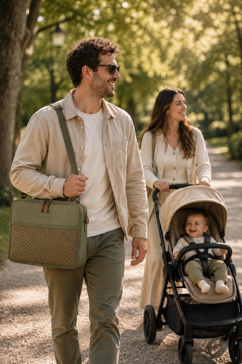 Father carrying the TRODDLER bag in the park — family walk