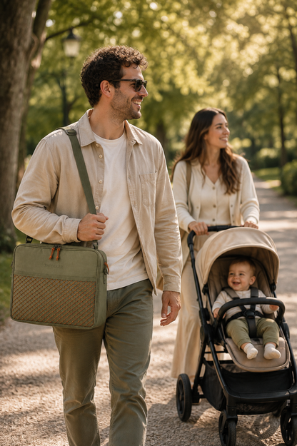 Father carrying the TRODDLER bag in the park — family walk